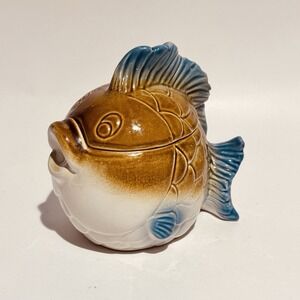 Vintage Fish Shaped Novelty Canister Jar w Seal Brown Blue‎